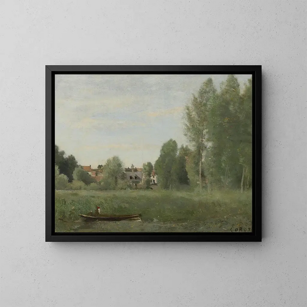 Environs de Mantes, små huse skjult i træerne nær vandkanten - Jean-Baptiste-Camille Corot — indrammet kunstværk på væggen
