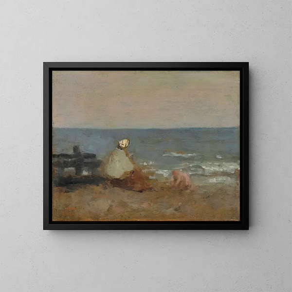 kvinde og barn ved havet i Étretat - Jean-Baptiste-Camille Corot — indrammet kunstværk på væggen