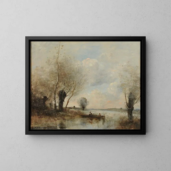 La pêche en barque auprès des saules - Jean-Baptiste-Camille Corot — indrammet kunstværk på væggen
