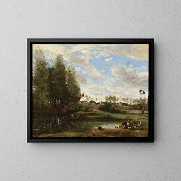 Laveuses ved vandkanten - Jean-Baptiste-Camille Corot — indrammet kunstværk på væggen