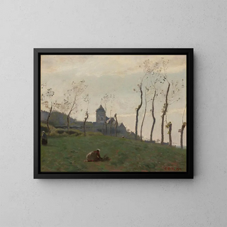 Le Tréport, en havn og en kirke - Jean-Baptiste-Camille Corot — indrammet kunstværk på væggen