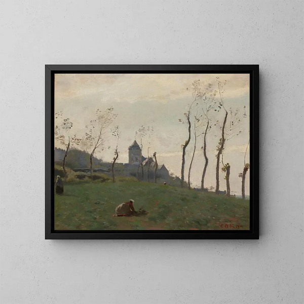 Le Tréport, en havn og en kirke - Jean-Baptiste-Camille Corot — indrammet kunstværk på væggen