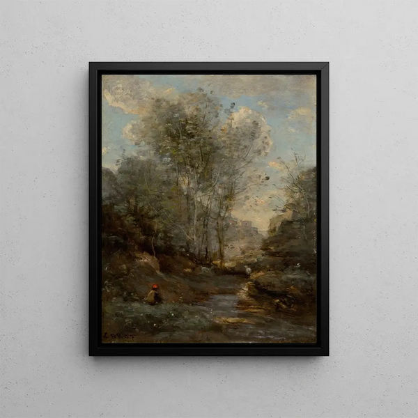 Le Vallon des Chèvres Souvenir du Lac de Garde - Jean-Baptiste-Camille Corot — indrammet kunstværk på væggen