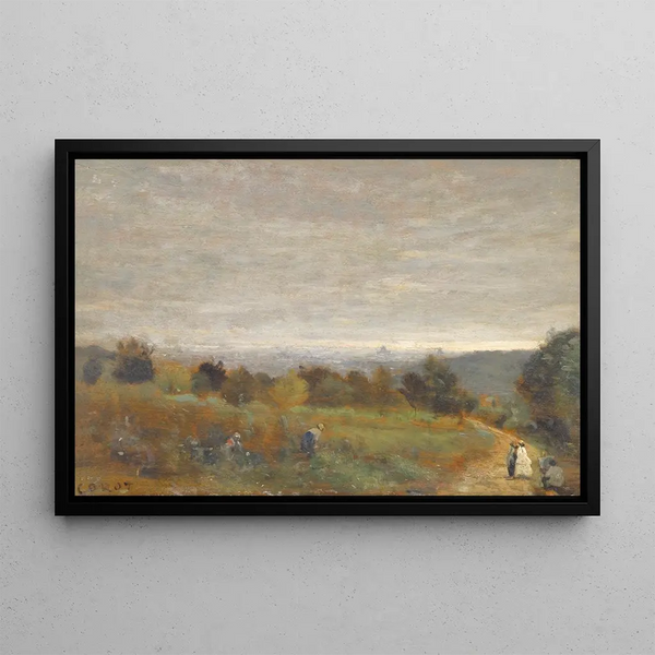 Les Hauteurs de Sèvres, Paris i baggrunden - Jean-Baptiste-Camille Corot — indrammet kunstværk på væggen