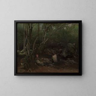 en gedepige, der sidder ved en bæk i en skov - Jean-Baptiste-Camille Corot — indrammet kunstværk på væggen