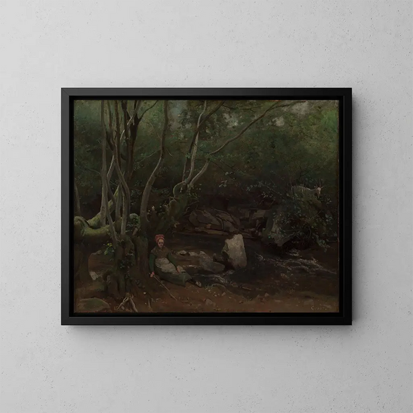 en gedepige, der sidder ved en bæk i en skov - Jean-Baptiste-Camille Corot — indrammet kunstværk på væggen