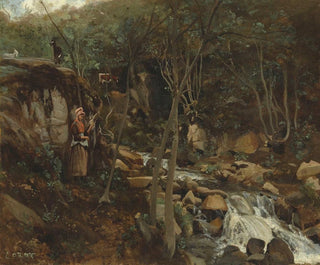 En flod med en stående gedende - Jean-Baptiste-Camille Corot — visning af kunstværket