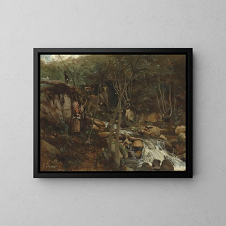 En flod med en stående gedende - Jean-Baptiste-Camille Corot — indrammet kunstværk på væggen