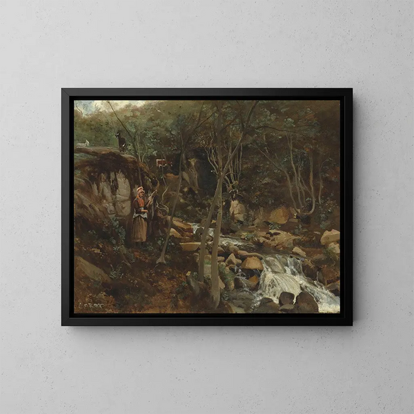 En flod med en stående gedende - Jean-Baptiste-Camille Corot — indrammet kunstværk på væggen