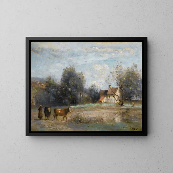 Luzancy Maleri, små bondegårde ved vandkanten - Jean-Baptiste-Camille Corot — indrammet kunstværk på væggen