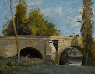 Mantes, to buer af broen med en rytter - Jean-Baptiste-Camille Corot — visning af kunstværket