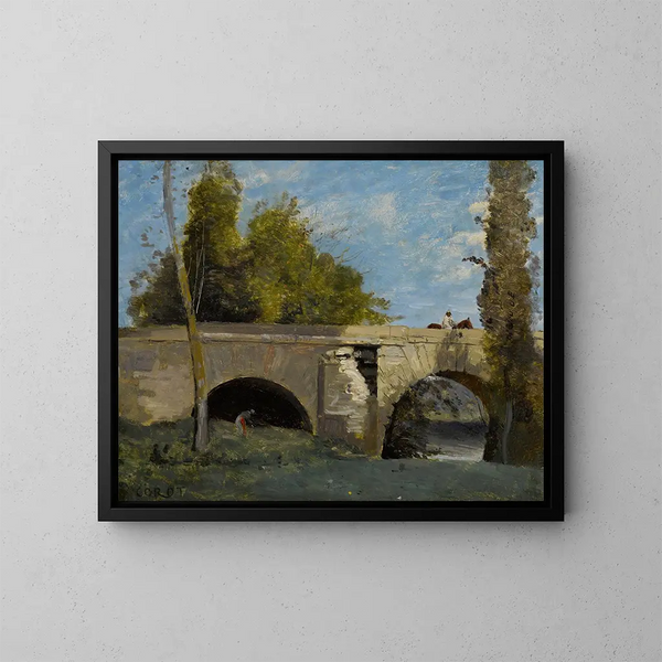 Mantes, to buer af broen med en rytter - Jean-Baptiste-Camille Corot — indrammet kunstværk på væggen