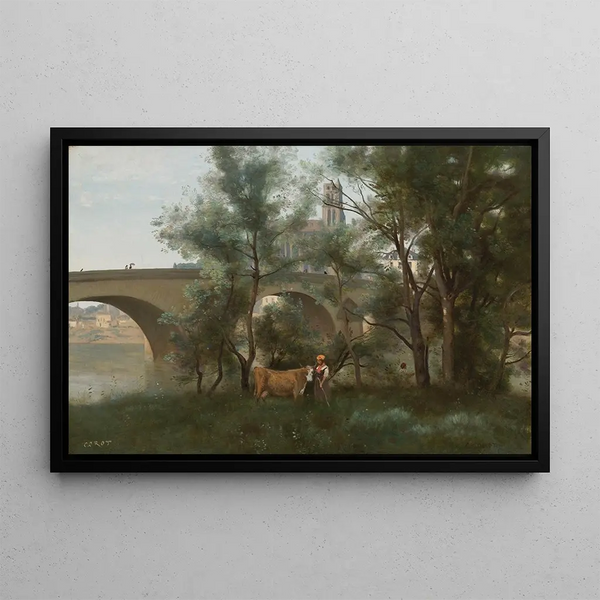 Mantes Les bords de la Seine au pied du pont - Jean-Baptiste-Camille Corot — indrammet kunstværk på væggen