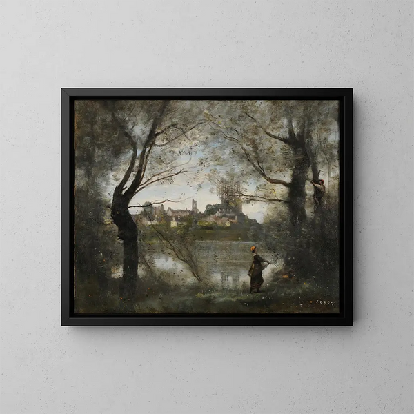 Mantes ved skumringen - Jean-Baptiste-Camille Corot — indrammet kunstværk på væggen