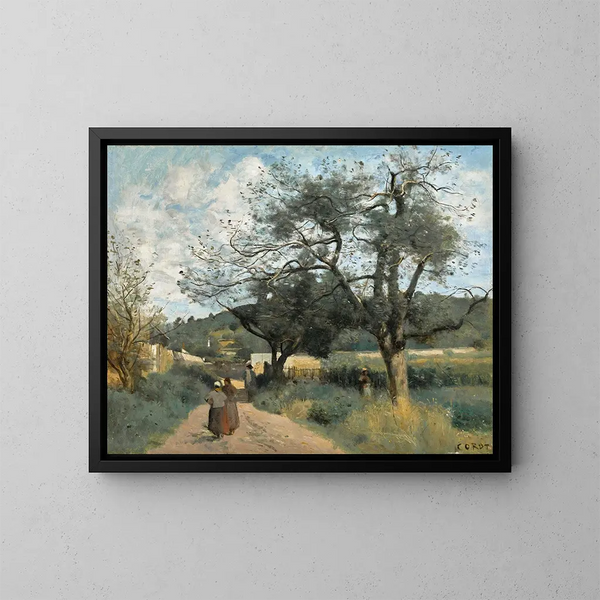Marcoussis-maleri, vej gennem markerne - Jean-Baptiste-Camille Corot — indrammet kunstværk på væggen