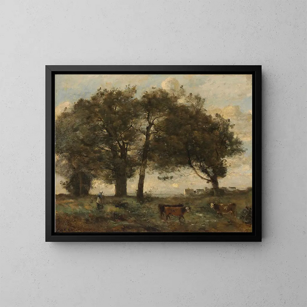 Marécages boisés med tre køer - Jean-Baptiste-Camille Corot — indrammet kunstværk på væggen