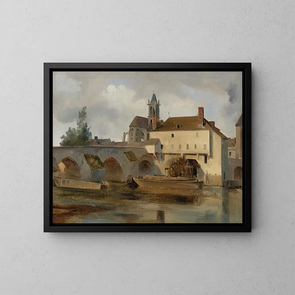 Moret-sur-Loing, broen og kirken - Jean-Baptiste-Camille Corot — indrammet kunstværk på væggen