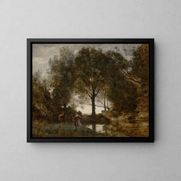 Nymfer og fauner - Jean-Baptiste-Camille Corot — indrammet kunstværk på væggen