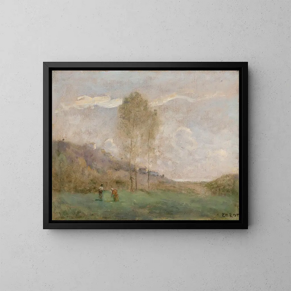 Landskab med efterår nær en kyst med to personer - Jean-Baptiste-Camille Corot — indrammet kunstværk på væggen