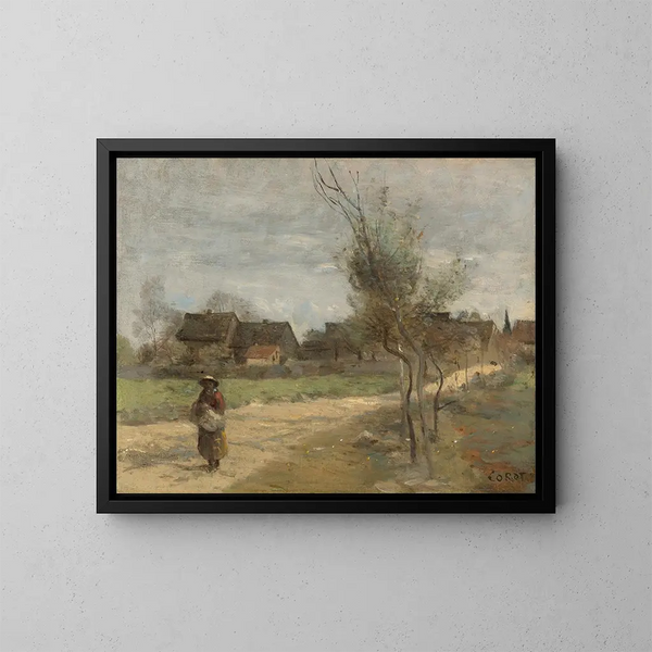 Landmandsmaleri på en vej med udsigt til en landsby - Jean-Baptiste-Camille Corot — indrammet kunstværk på væggen