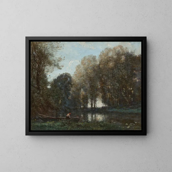 Pêcheur amarré sur la rive verte - Jean-Baptiste-Camille Corot — indrammet kunstværk på væggen