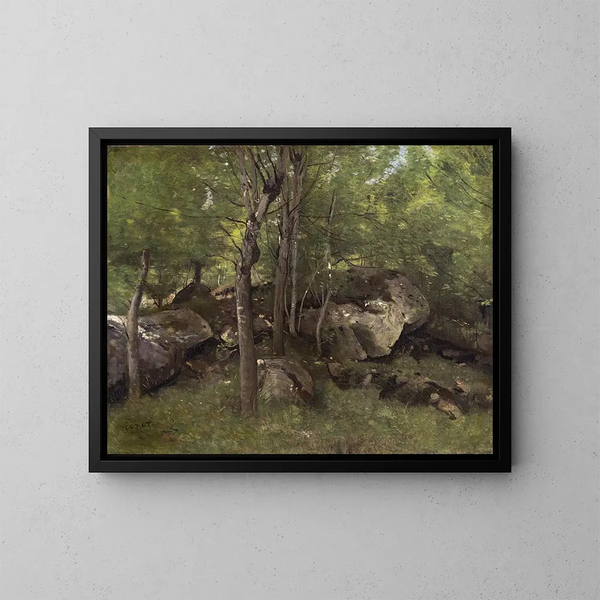 Fontainebleau-skove klipper i Fontainebleau-skoven - Jean-Baptiste-Camille Corot — indrammet kunstværk på væggen