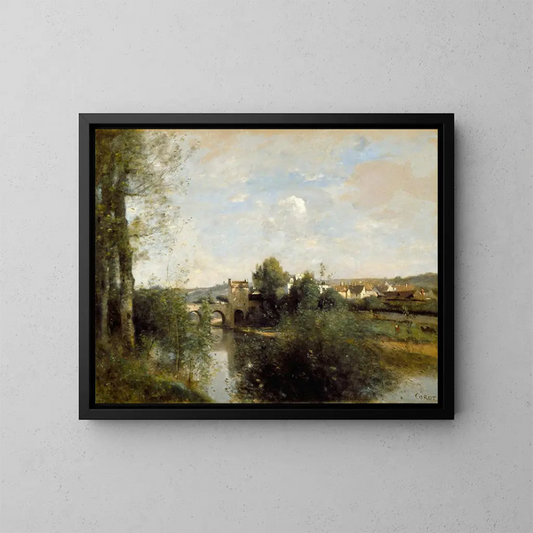 Seine og gammel bro i Limay - Jean-Baptiste-Camille Corot — indrammet kunstværk på væggen