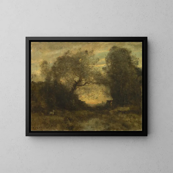 Lyst: "L'Étang à l'entrée des bois - Jean-Baptiste-Camille Corot — indrammet kunstværk på væggen