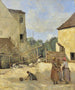 Tre landarbejdere, der taler i en rustik gård - Jean-Baptiste-Camille Corot — visning af kunstværket