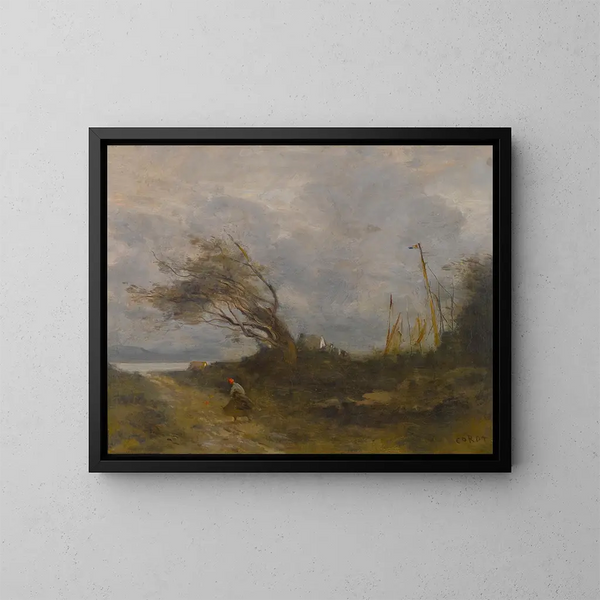 En vindstød ved havkanten - Jean-Baptiste-Camille Corot — indrammet kunstværk på væggen