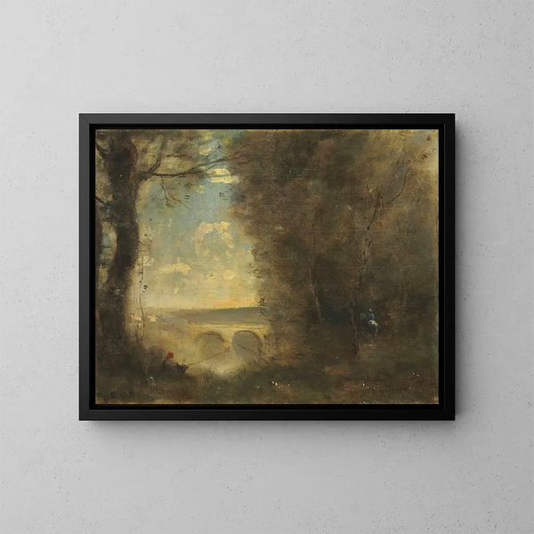 En fisker med fiskestang, minde om Mantes bro - Jean-Baptiste-Camille Corot — indrammet kunstværk på væggen
