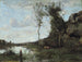 En bonde og hendes ko, dammen set fra en landsby - Jean-Baptiste-Camille Corot — visning af kunstværket
