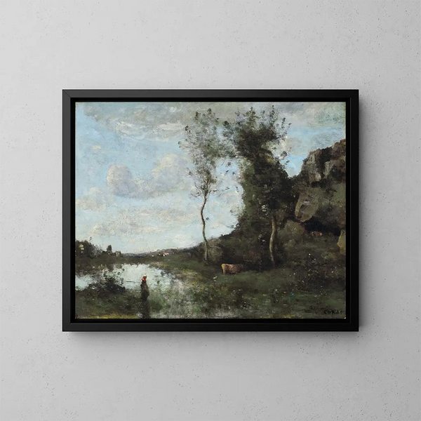 En bonde og hendes ko, dammen set fra en landsby - Jean-Baptiste-Camille Corot — indrammet kunstværk på væggen