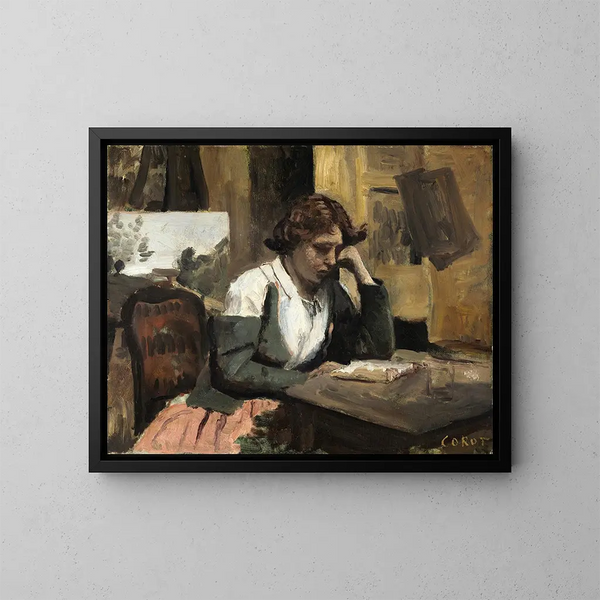 Kvinde der læser i værkstedet - Jean-Baptiste-Camille Corot — indrammet kunstværk på væggen
