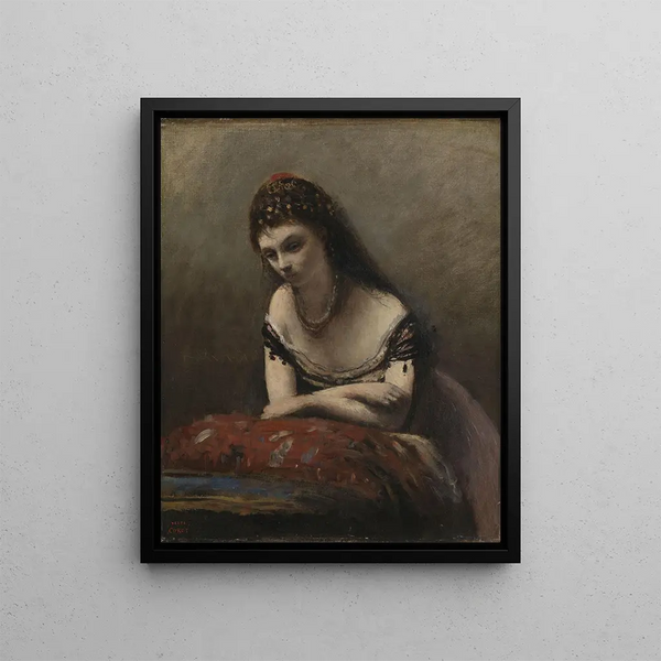 en ung kvinde, der hviler på en pude - Jean-Baptiste-Camille Corot — indrammet kunstværk på væggen