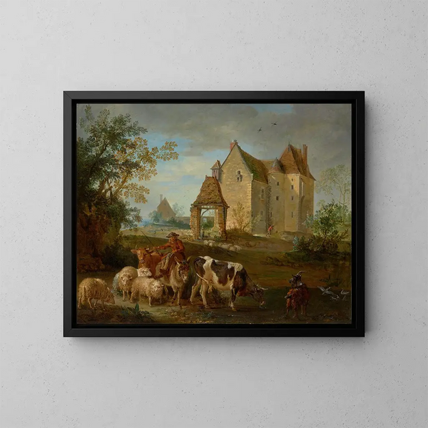 Et kunsttryk af et landskab med en hyrde, der fører dyr til græsning, et slot i det fjerne - Jean-Baptiste Oudry — indrammet kunstværk på væggen