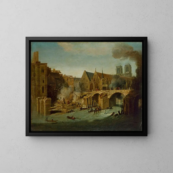 Le Petit Pont efter branden i 1718 - Jean-Baptiste Oudry — indrammet kunstværk på væggen