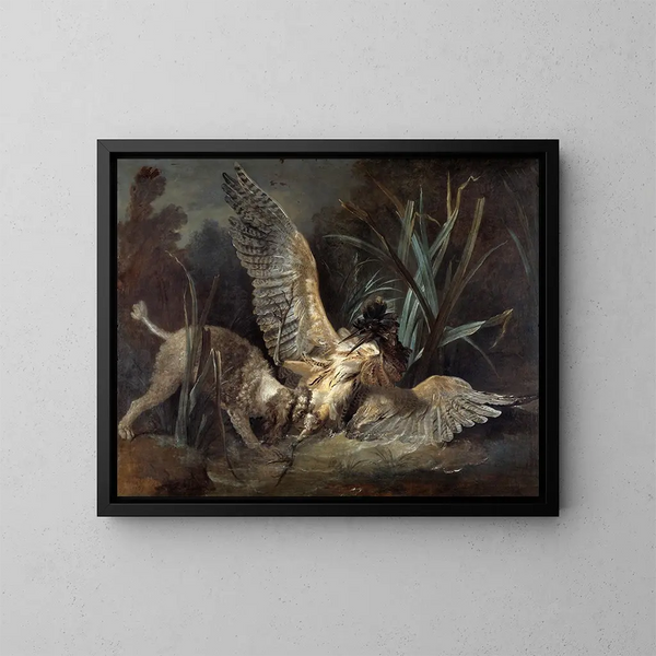 en spaniel, der fanger en skarv - Jean-Baptiste Oudry — indrammet kunstværk på væggen