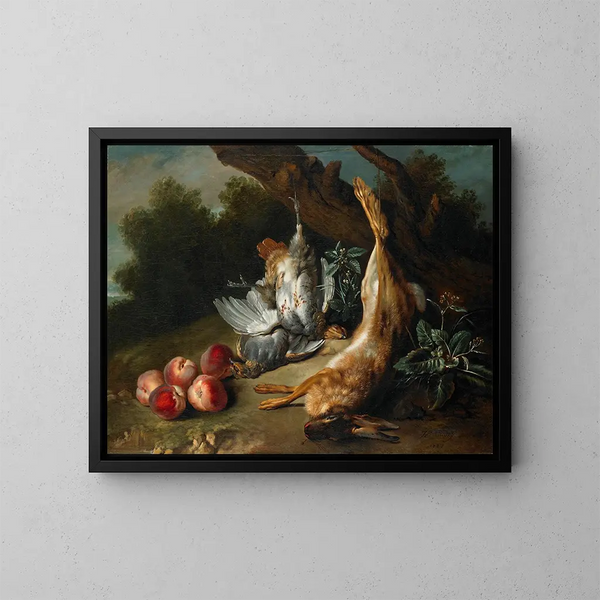 Naturmort med dødt vildt og ferskner i et landskab - Jean-Baptiste Oudry — indrammet kunstværk på væggen