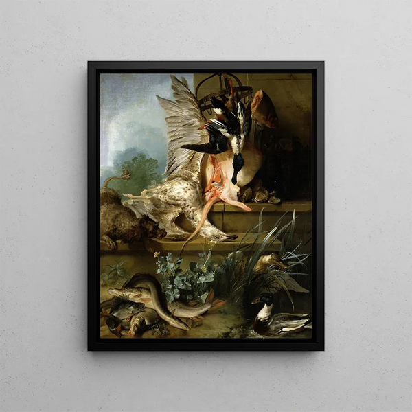 naturtro med en jagtende spansk galophund - Jean-Baptiste Oudry — indrammet kunstværk på væggen
