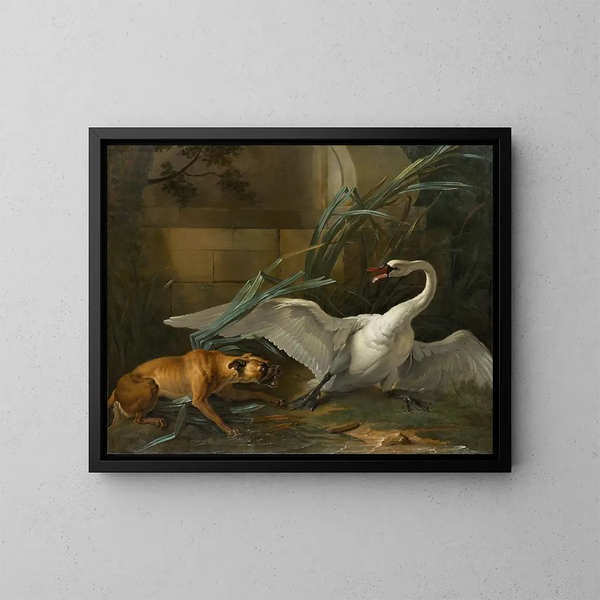 Cygne angrebet af en hund - Jean-Baptiste Oudry — indrammet kunstværk på væggen
