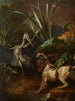 Vandspaniel over for en hejre – Jean-Baptiste Oudry — maleri fra 1722 med hvid og brun spaniel, hejre og siv