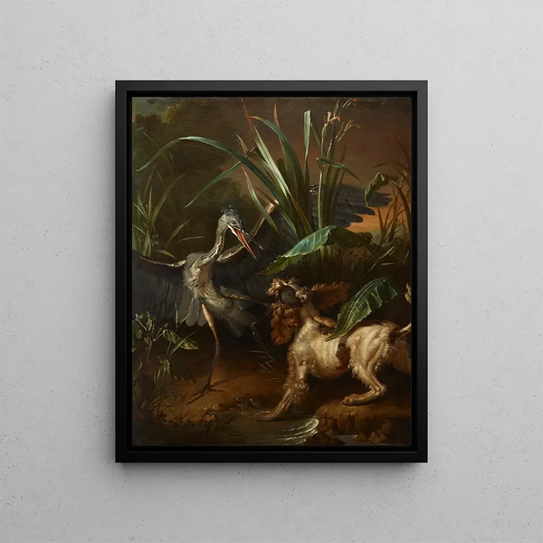 Épagneul d'eau face à un héron - Jean-Baptiste Oudry — indrammet kunstværk på væggen