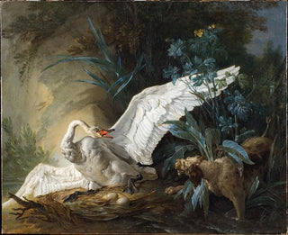 En enestående vandhunde, der overrasker en svane på sit rede - Jean-Baptiste Oudry — visning af kunstværket