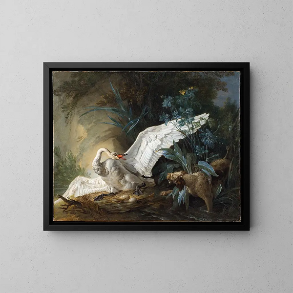 En enestående vandhunde, der overrasker en svane på sit rede - Jean-Baptiste Oudry — indrammet kunstværk på væggen
