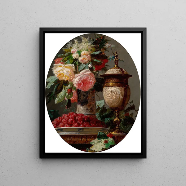 JeanBaptiste Robie - Still life with roses and a bowl of raspberries with a silvergilt ostrich egg cup.webp