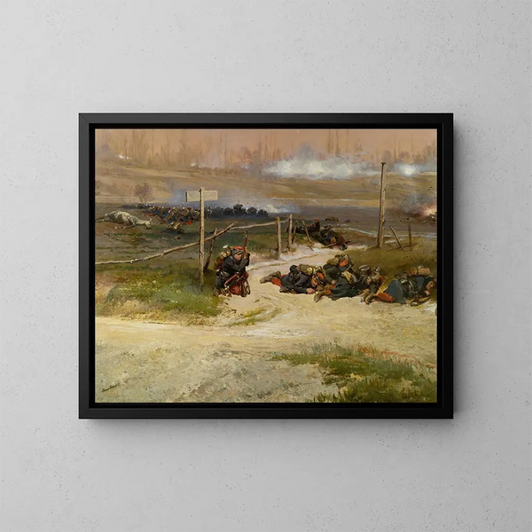 Ved foden af stolpen, fragment af panoramaet over slaget ved Champigny - Jean-Baptiste Édouard Detaille — indrammet kunstværk på væggen