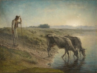 JeanFranois Millet - Peasant Watering his cows on the bank of the Allier River dusk.webp