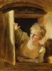 En ung kvinde, der læner sig ud af vinduet - Jean-Honoré Fragonard — visning af kunstværket