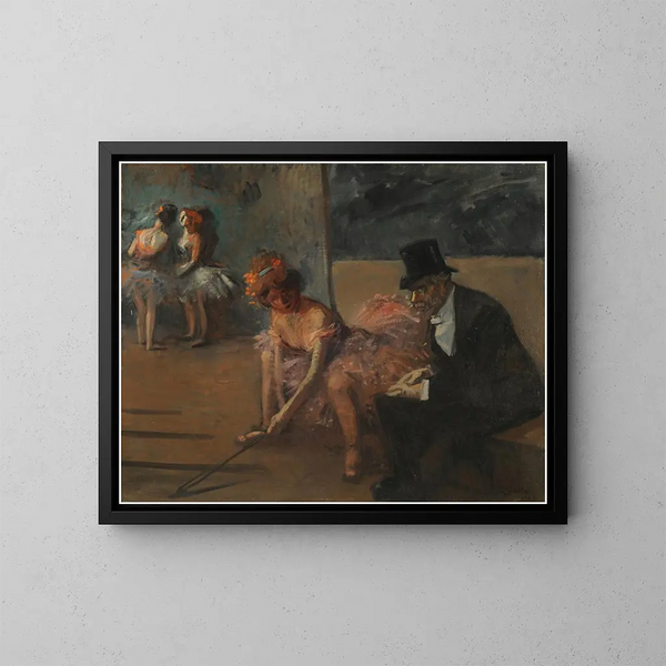 Danseuse og beundrer bag scenen - Jean-Louis Forain — indrammet kunstværk på væggen